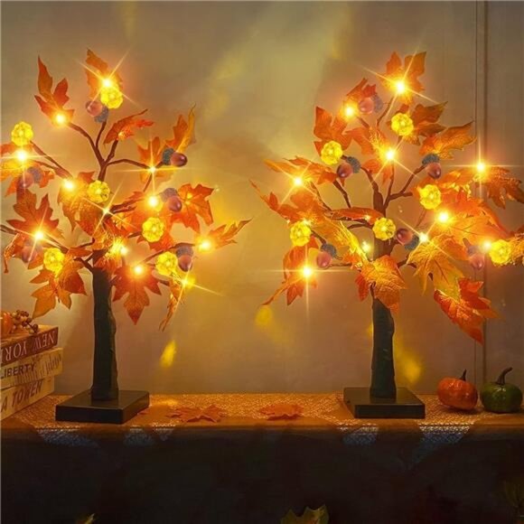 2 Pack 24" Prelit Fall Maple Tree,‎ 48 LEDs, 3D Pumpkin Lights, Battery Operated - Picture 3 of 7